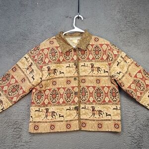 Sharon Young Jacket Womens Large Brown Quilted Horse Print Boho Ethnic Button Up